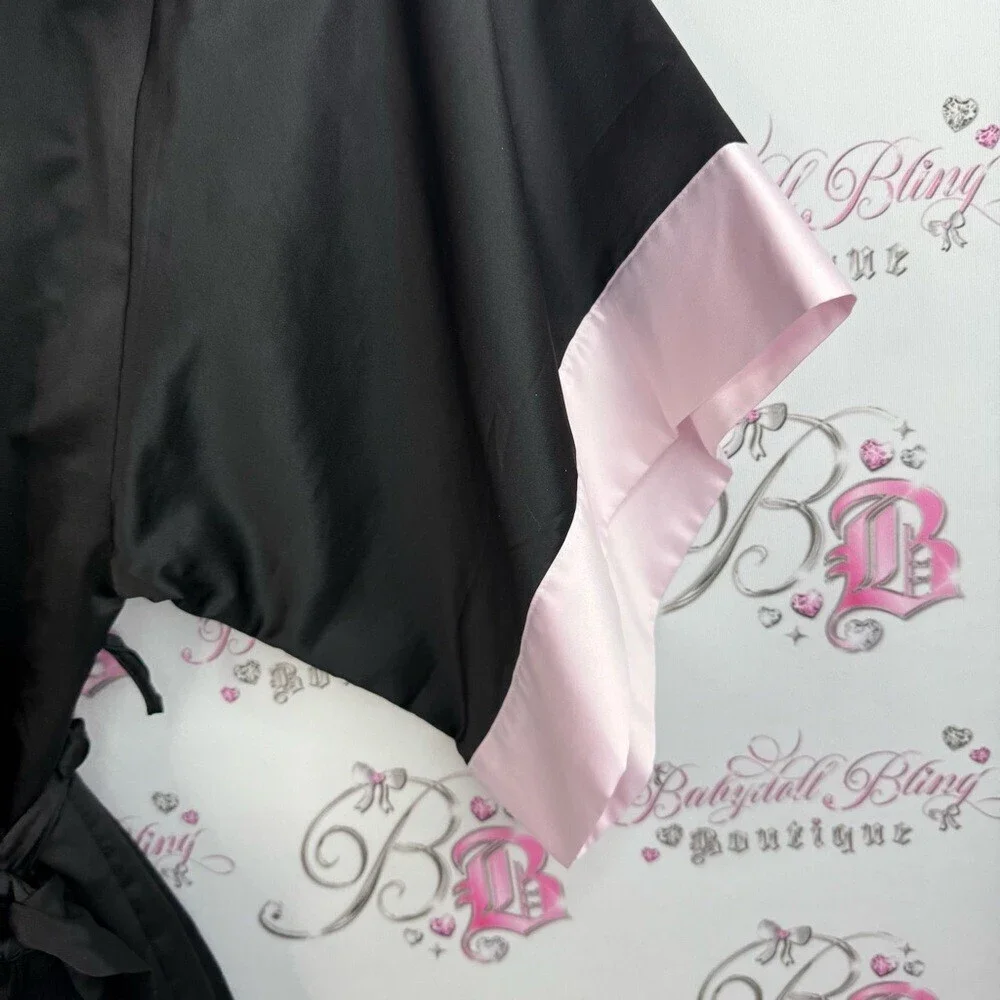 Victoria's Secret kimono robe shiny Satin Robe - Black with Light Pink Trim